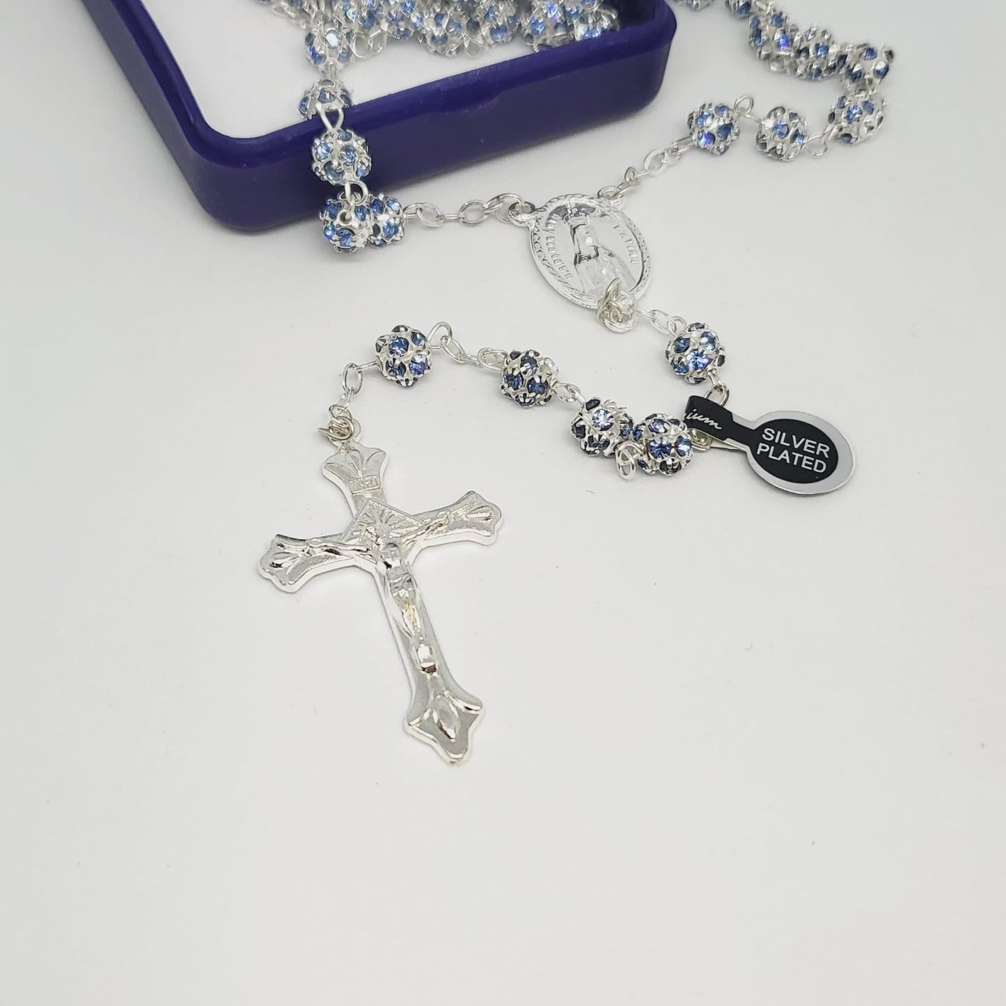 Premium Silver Medal of Fatima Rosary - Blue