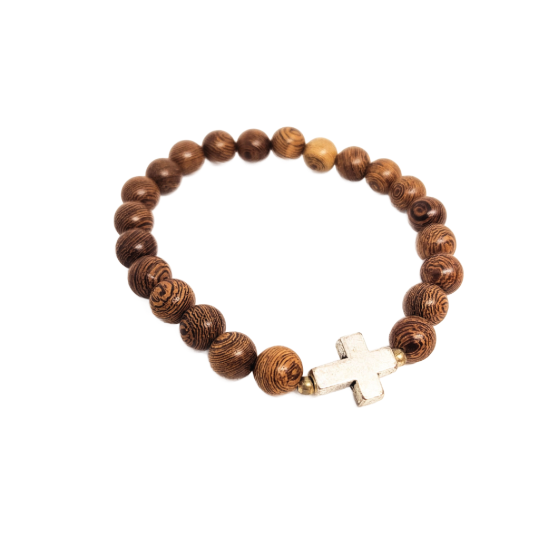Teak wood Bracelet with Metal Cross