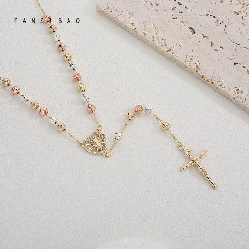 FanSibao tricolor diagonal prayer beads cross Virgin Mary pendant necklace copper necklace ladies birthday jewelry