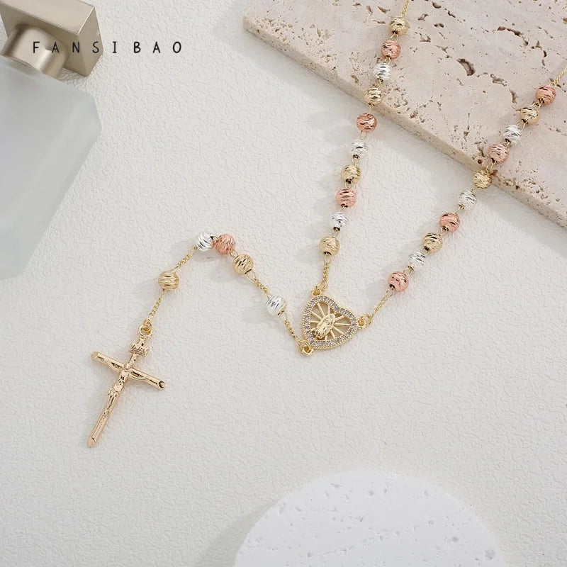 FanSibao tricolor diagonal prayer beads cross Virgin Mary pendant necklace copper necklace ladies birthday jewelry