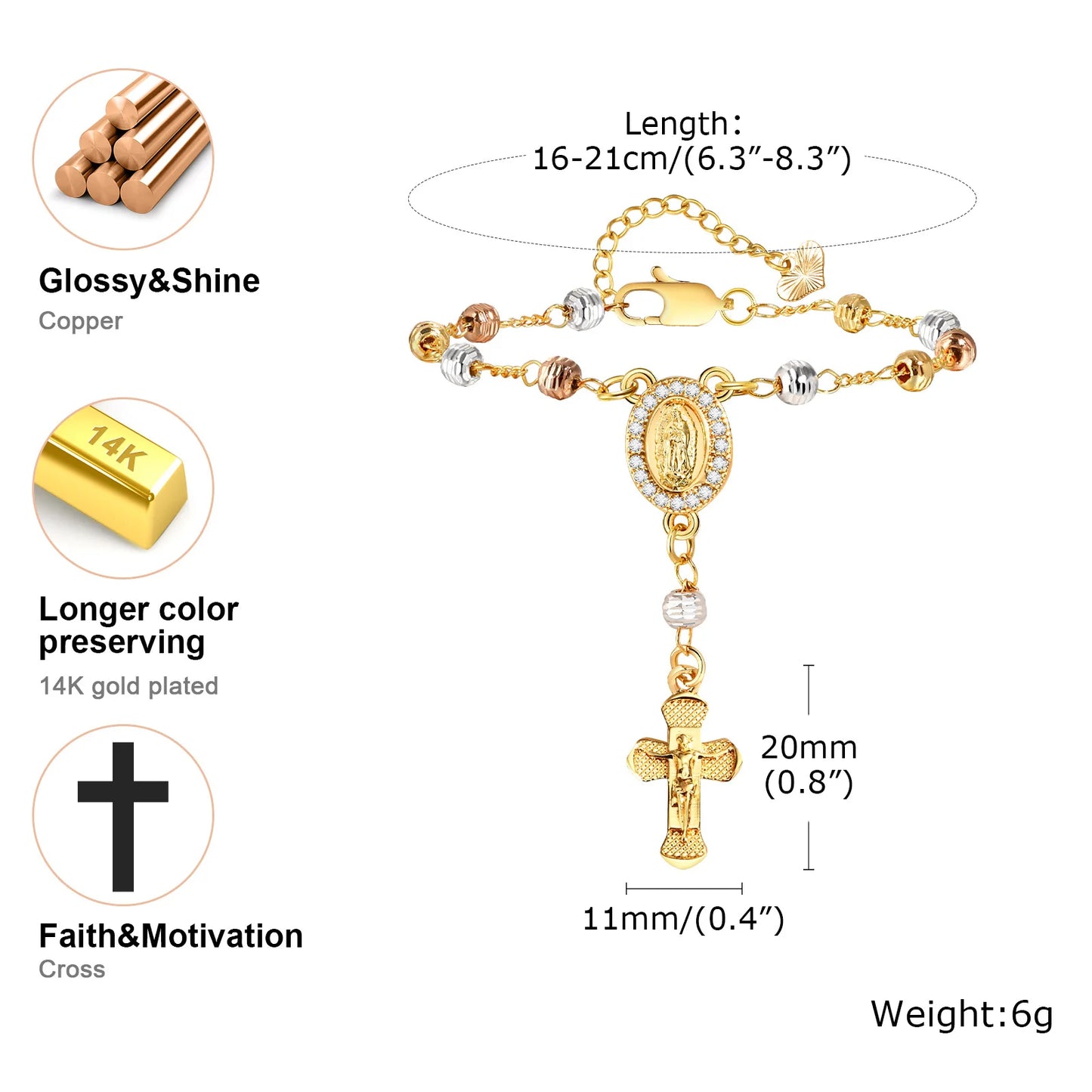 Tir-color Rosary Cross Bead Charm Link Chain Bracelet for Women, Adjustable Chain Jesus Cruz Jewelry