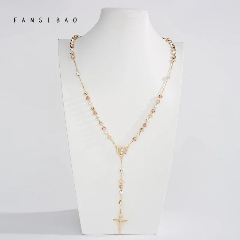 FanSibao tricolor diagonal prayer beads cross Virgin Mary pendant necklace copper necklace ladies birthday jewelry