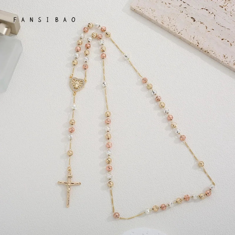 FanSibao tricolor diagonal prayer beads cross Virgin Mary pendant necklace copper necklace ladies birthday jewelry