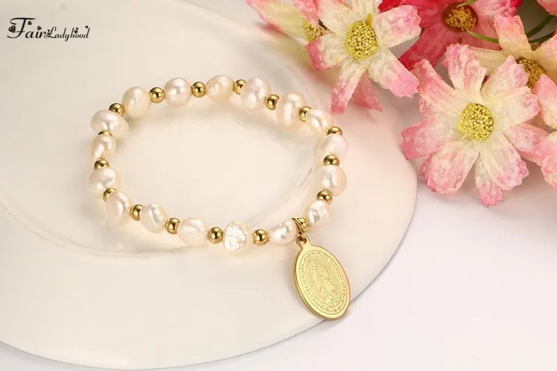 FairLadyHood  16CM Stainless  Steel Virgin Mary Logo Pearl Bracelet Ladies Beads Bracelet