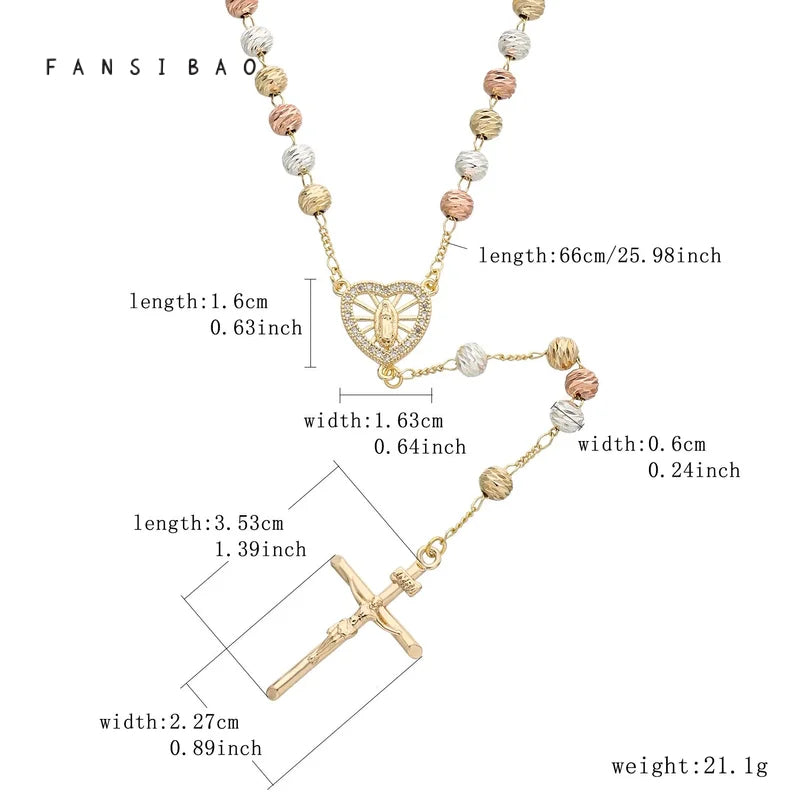 FanSibao tricolor diagonal prayer beads cross Virgin Mary pendant necklace copper necklace ladies birthday jewelry