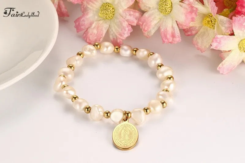 FairLadyHood  16CM Stainless  Steel Virgin Mary Logo Pearl Bracelet Ladies Beads Bracelet