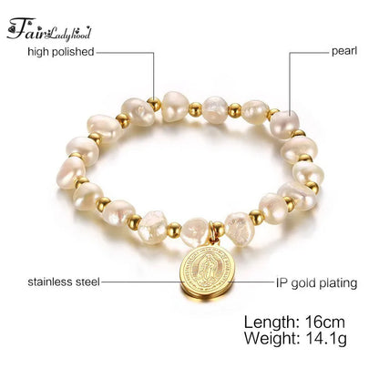 FairLadyHood  16CM Stainless  Steel Virgin Mary Logo Pearl Bracelet Ladies Beads Bracelet